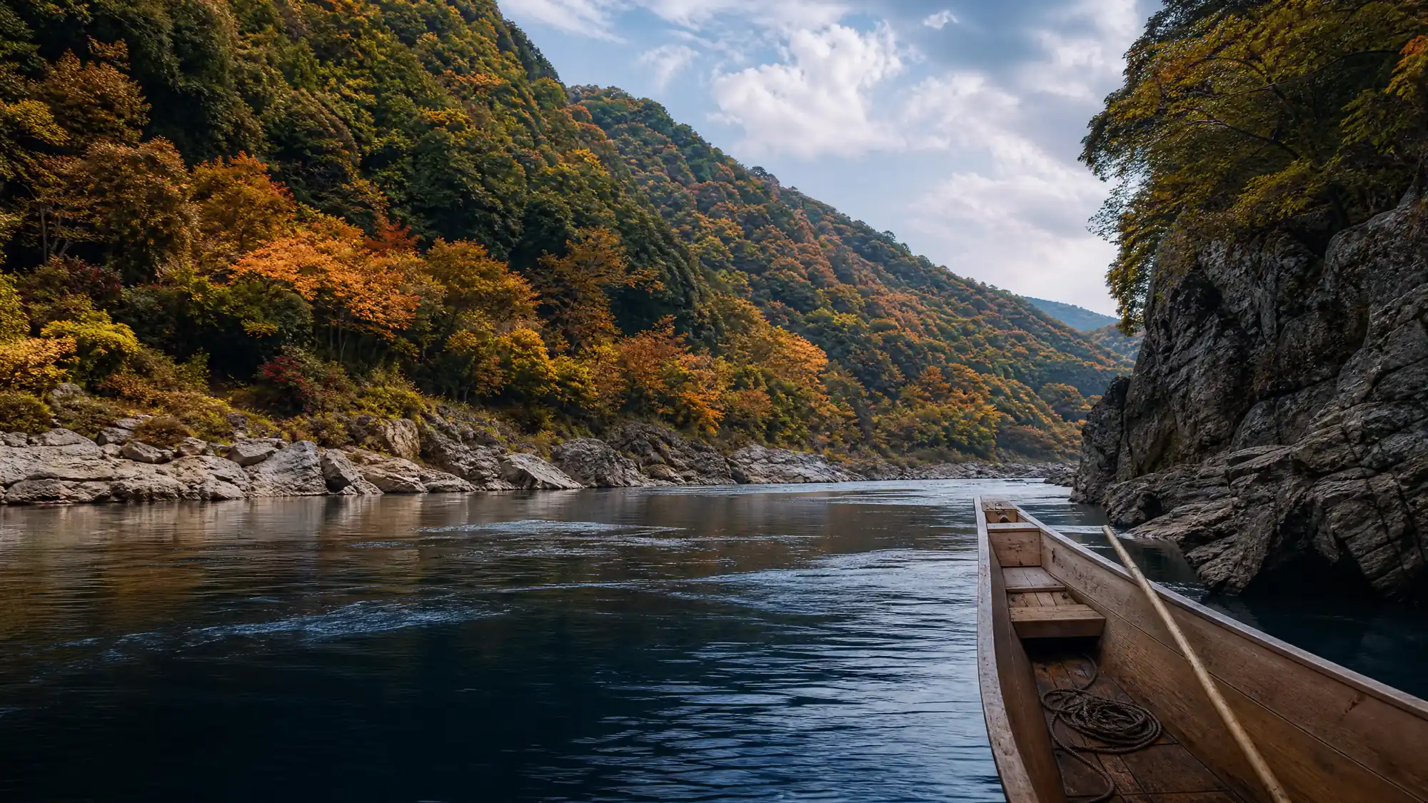 Vaar over een historische waterweg van 16 kilometer door een diepe kloof. Traditionele houten boten varen van Kameoka stroomafwaarts naar Arashiyama.