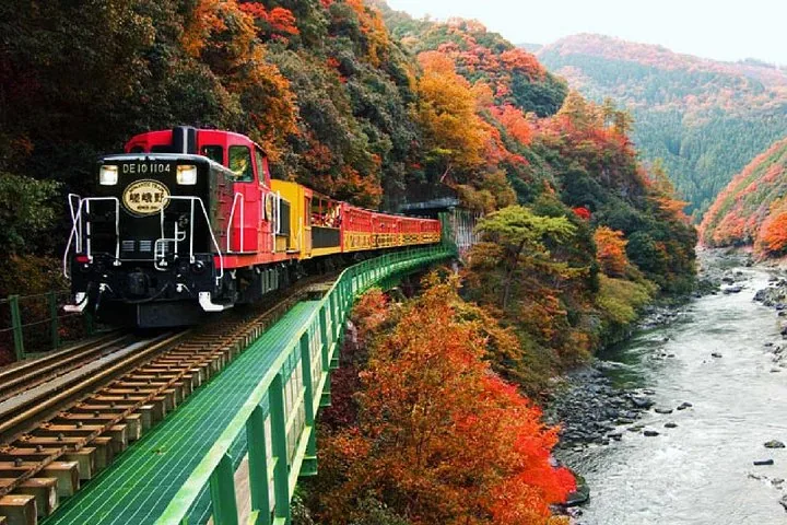 A romantic train runs alongside Hozugawa River amidst colorful autumn trees