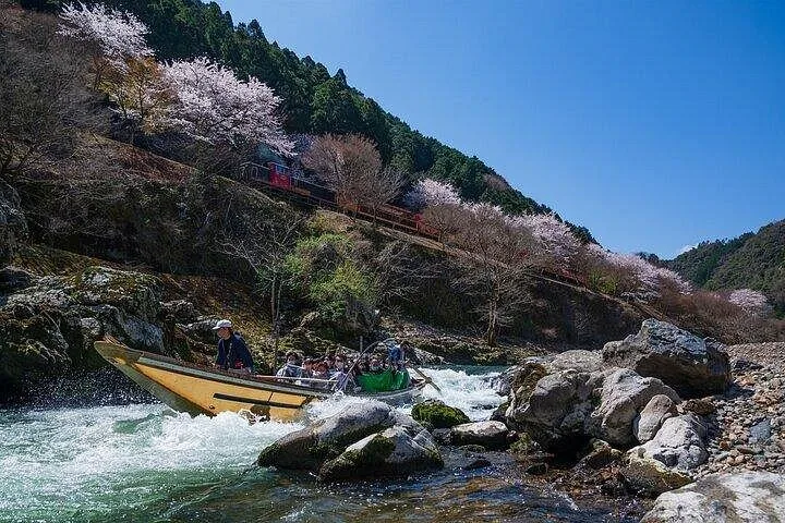 A riverboat navigates rapids while a train passes on the hillside above